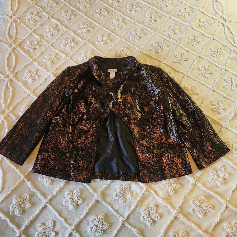 Kim Rogers Faux Snake Skin Metallic Brown Open Jacket Shoulder Pads Size 14